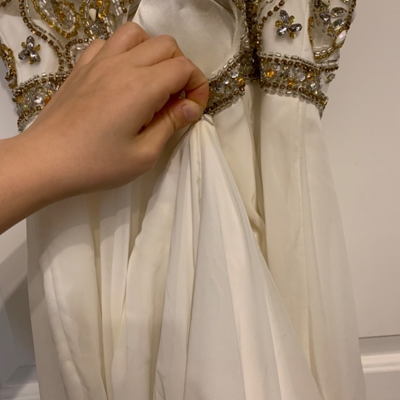Cream/white A-line prom dress with gold/yellow rhinestones - Picture 9 of 14